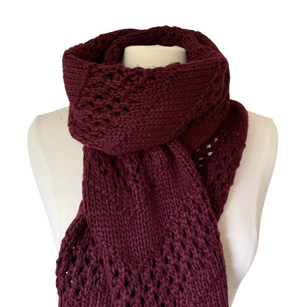 MixIt Maroon Acrylic Knit Scarf with Faux Fur Pompoms - Picture 5 of 7